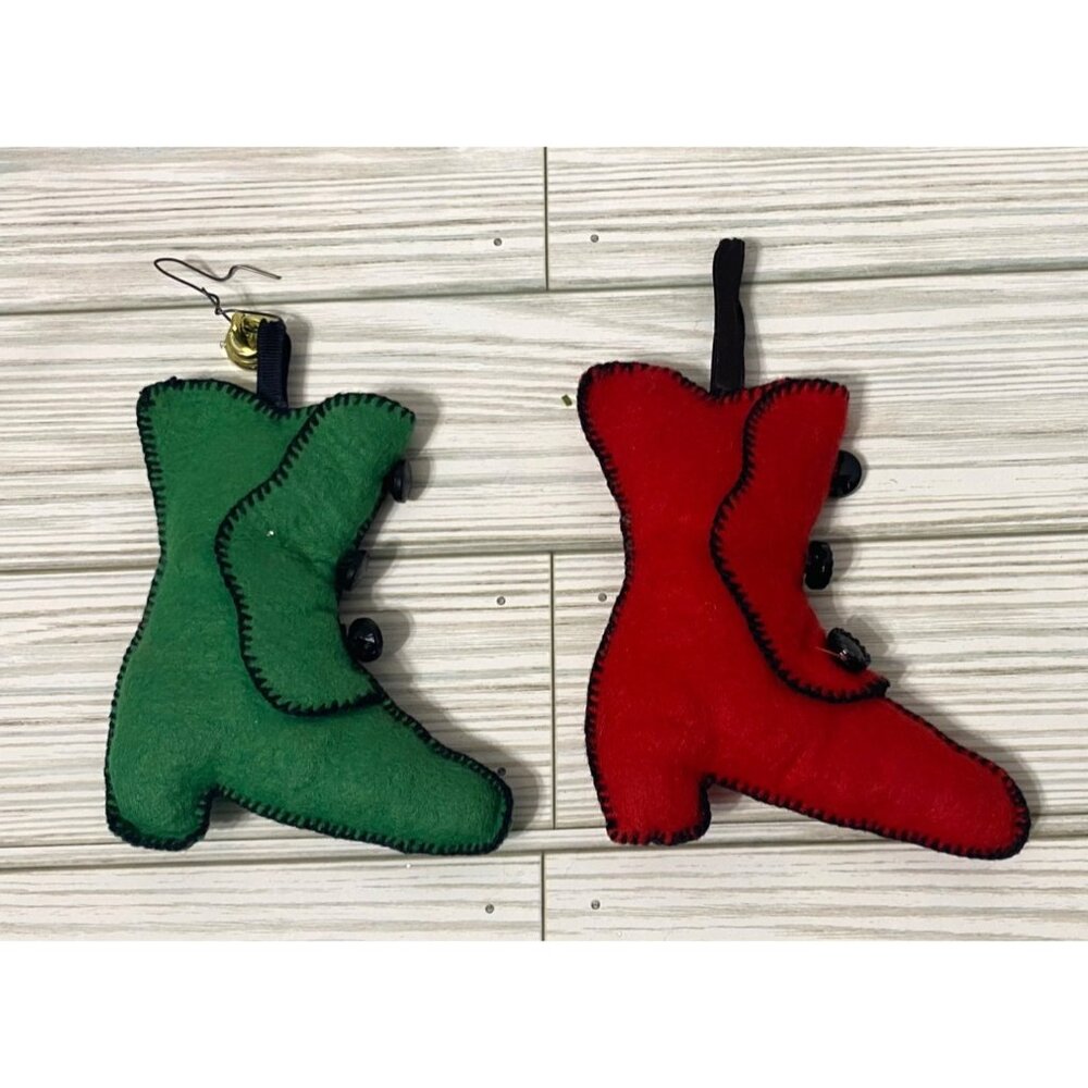 Handmade Felt Boot Christmas Ornaments with Buttons Set Of 2 Green & Red